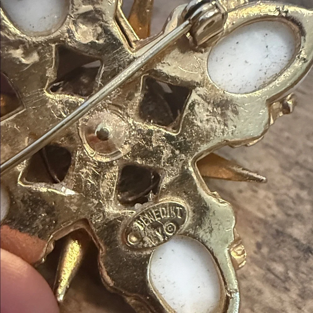 Benedikt NY Maltese Cross White Cabochons Crystals Gold Tone Brooch Pin Pendant